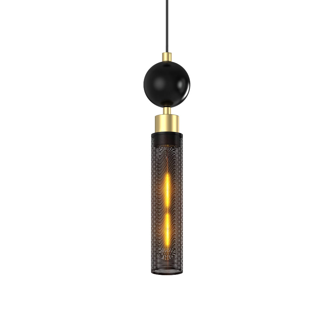 Modern pendant light with black and gold design on a white background