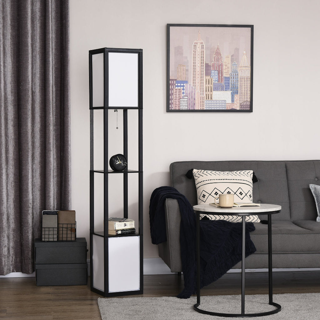 Modern living room with a floor lamp, side table, and sofa.