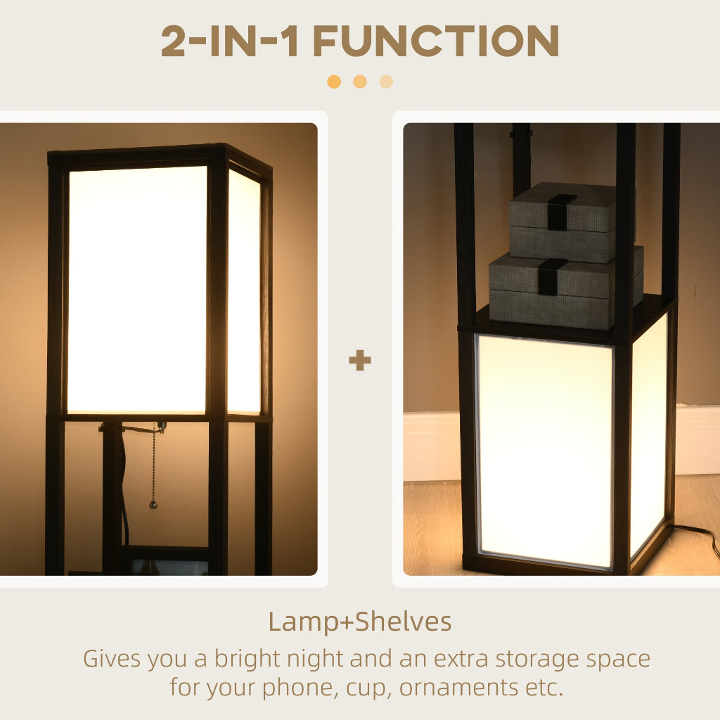 Two images showing a 2-in-1 lamp with shelves, one open to reveal storage space, on a beige background.