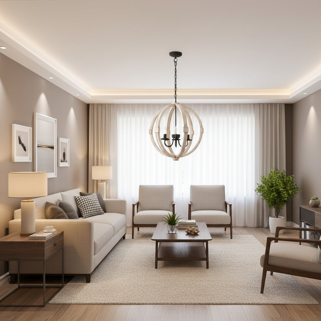 Chandelier hanging in a room with a neutral color scheme