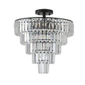 A semi-flush mount ceiling light fixture featuring a black circular canopy and frame with multiple tiers of clear, faceted crystal prisms, shown against a plain white background.