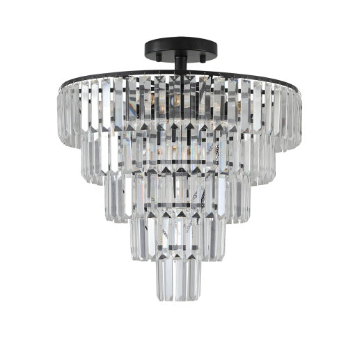 A semi-flush mount ceiling light fixture featuring a black circular canopy and frame with multiple tiers of clear, faceted crystal prisms, shown against a plain white background.