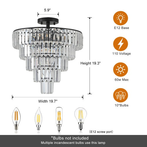Chandelier with dimensions, bulb compatibility, and electrical specifications on a white background