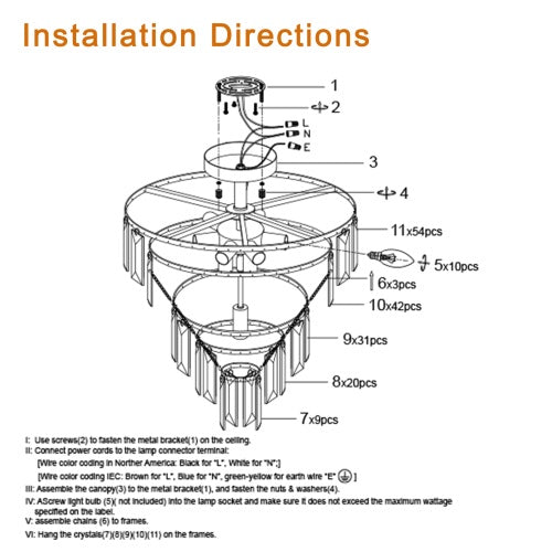 Ceiling fan installation diagram with labeled parts and text on a white background