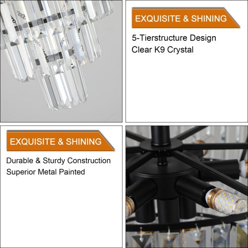 Chandelier with crystal accents and metal frame, featuring text on construction and design.