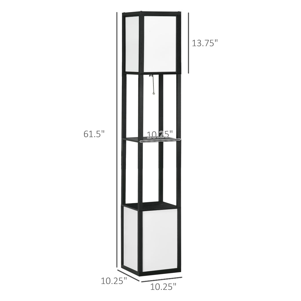 A tall black metal shelving unit with three white rectangular panels and a central shelf, shown with dimension labels and measurements on a white background.