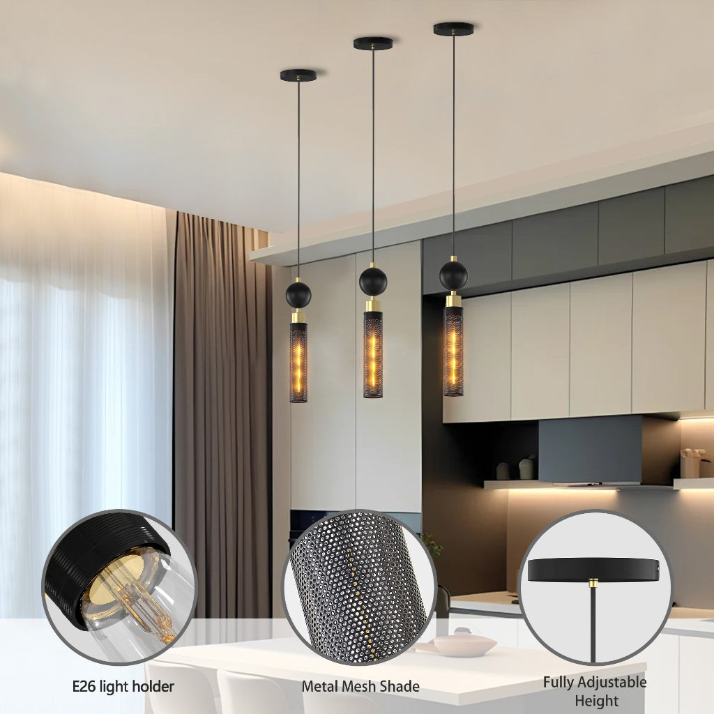 Modern kitchen interior with pendant lights, highlighting E26 light holder, metal mesh shade, and fully adjustable height features.