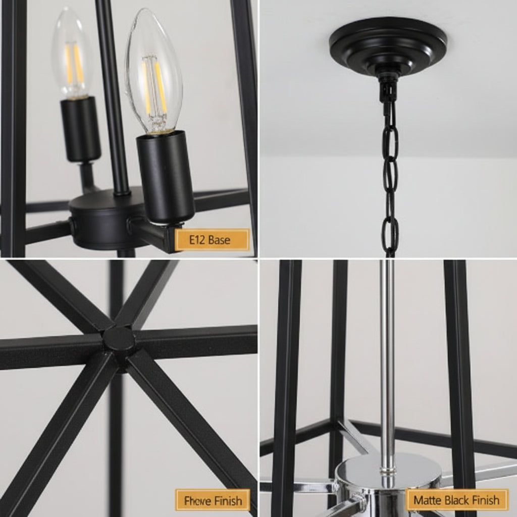 Collage of a black metal light fixture with E12 base, adjustable feature, matte black finish, and chromium lamp holder.
