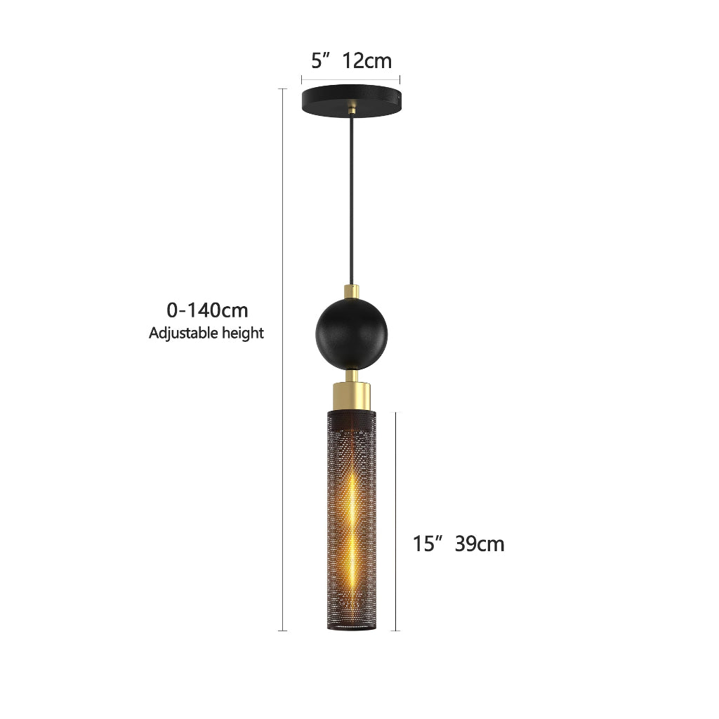 Pendant light with dimensions and adjustable height indicated on a white background