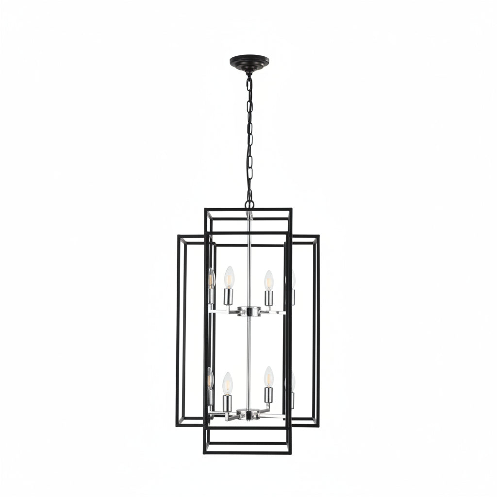 Black pendant light fixture with measurements on a white background