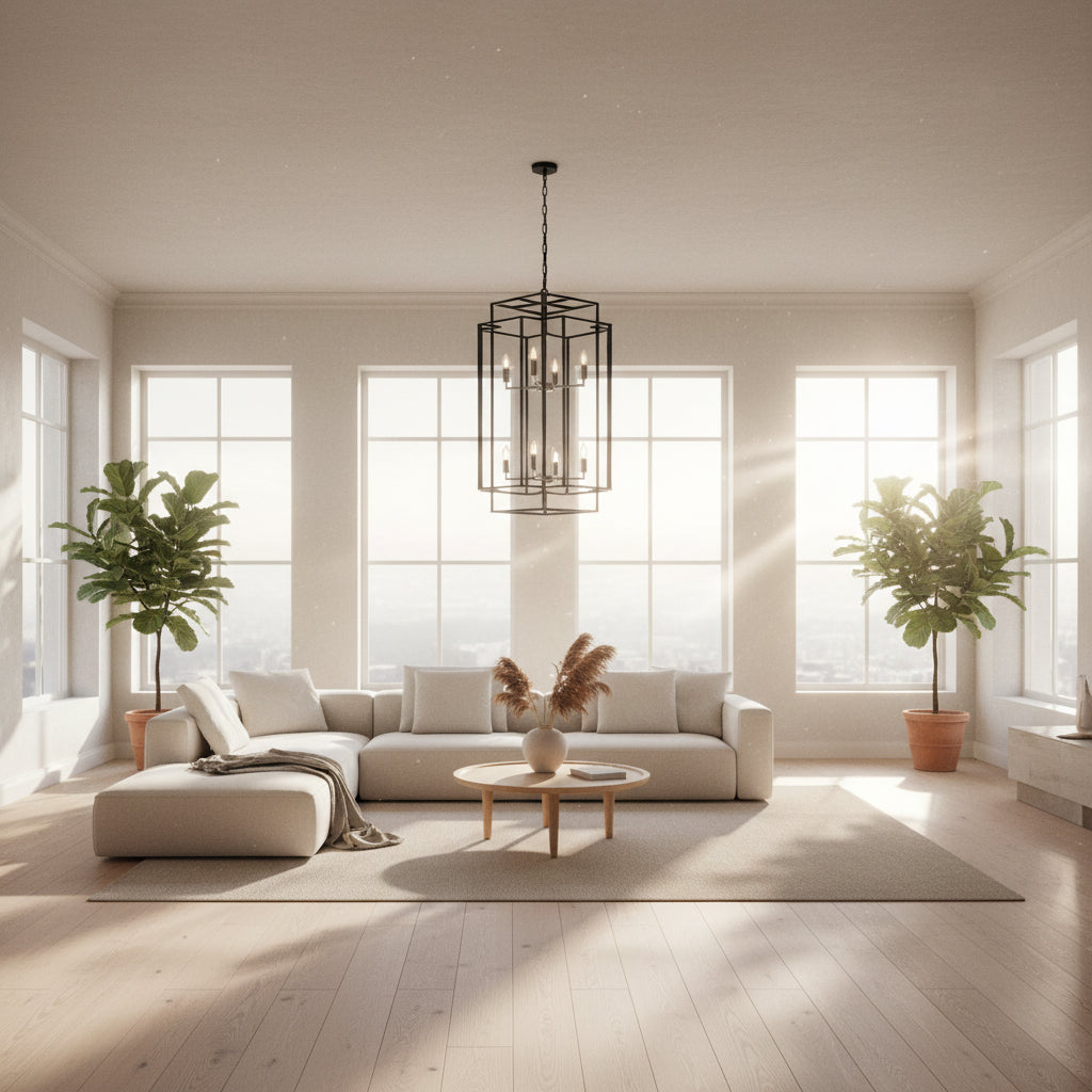 Black metal chandelier hanging in a home interior with staircase and wooden floor.