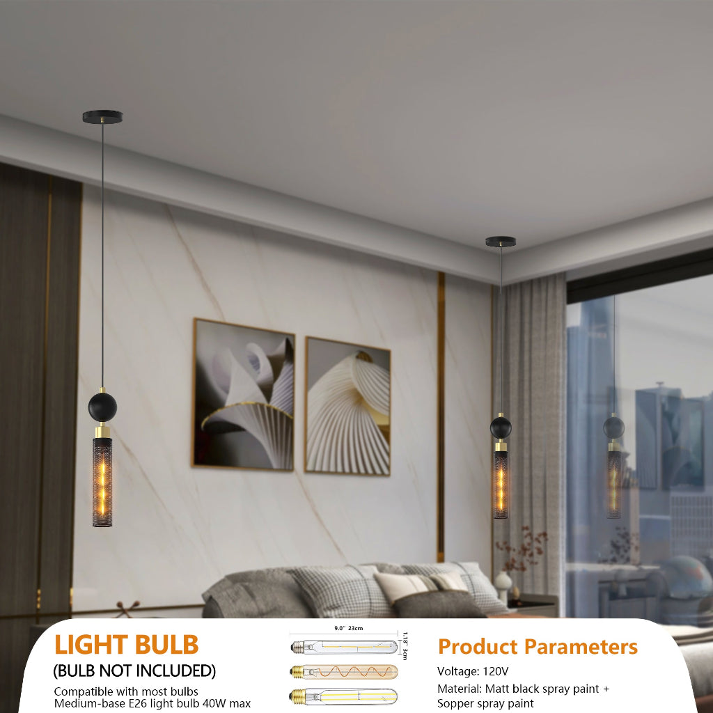 Modern living room with pendant lights and product parameters displayed.