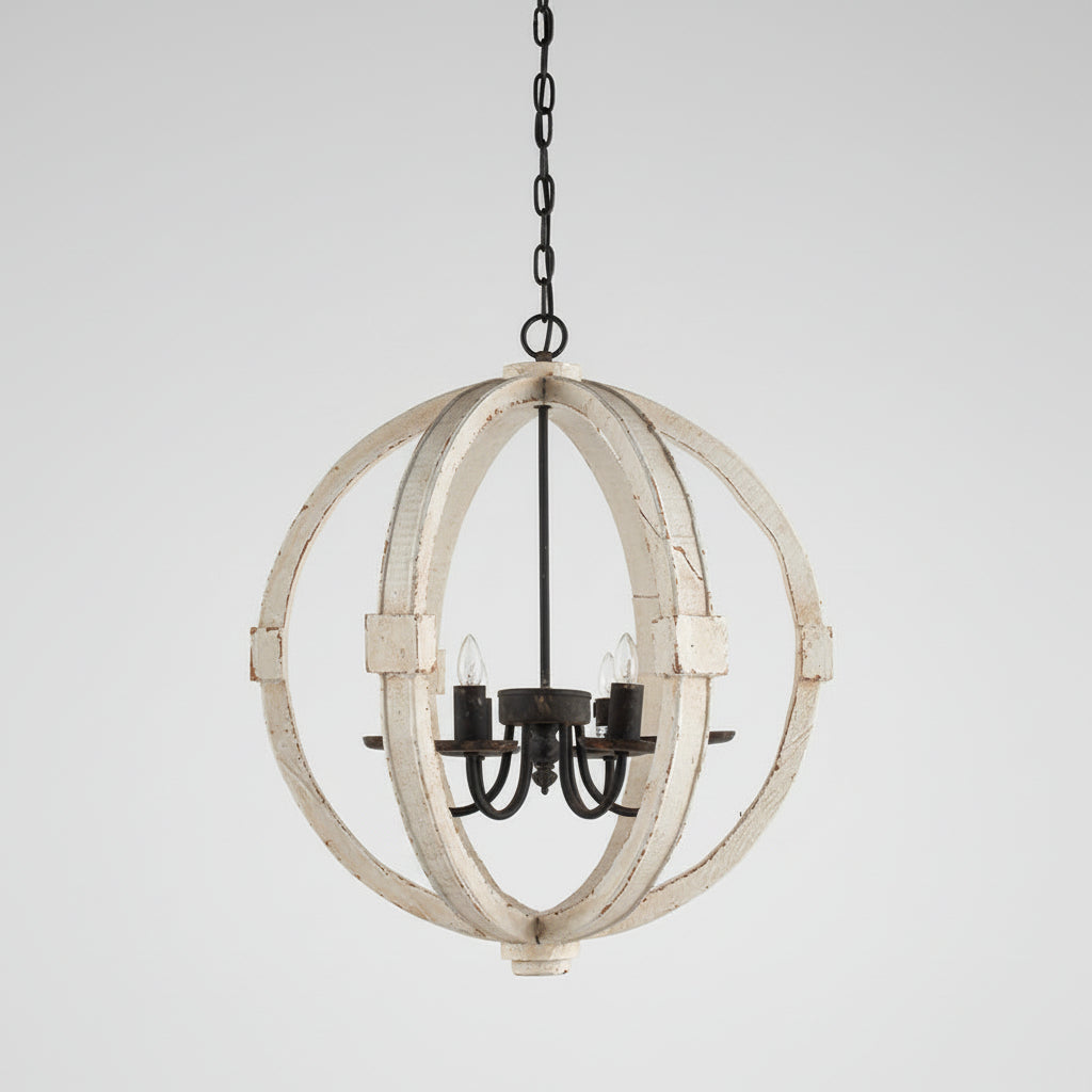 Chandelier with wooden sphere design on a white background