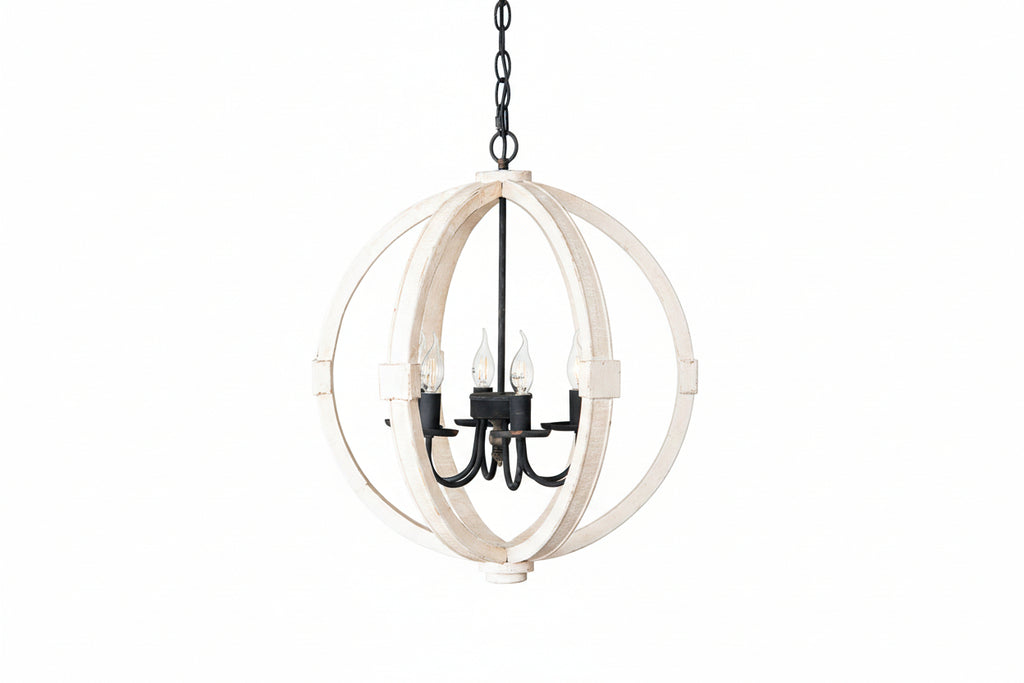 Chandelier with white circular design on a plain background