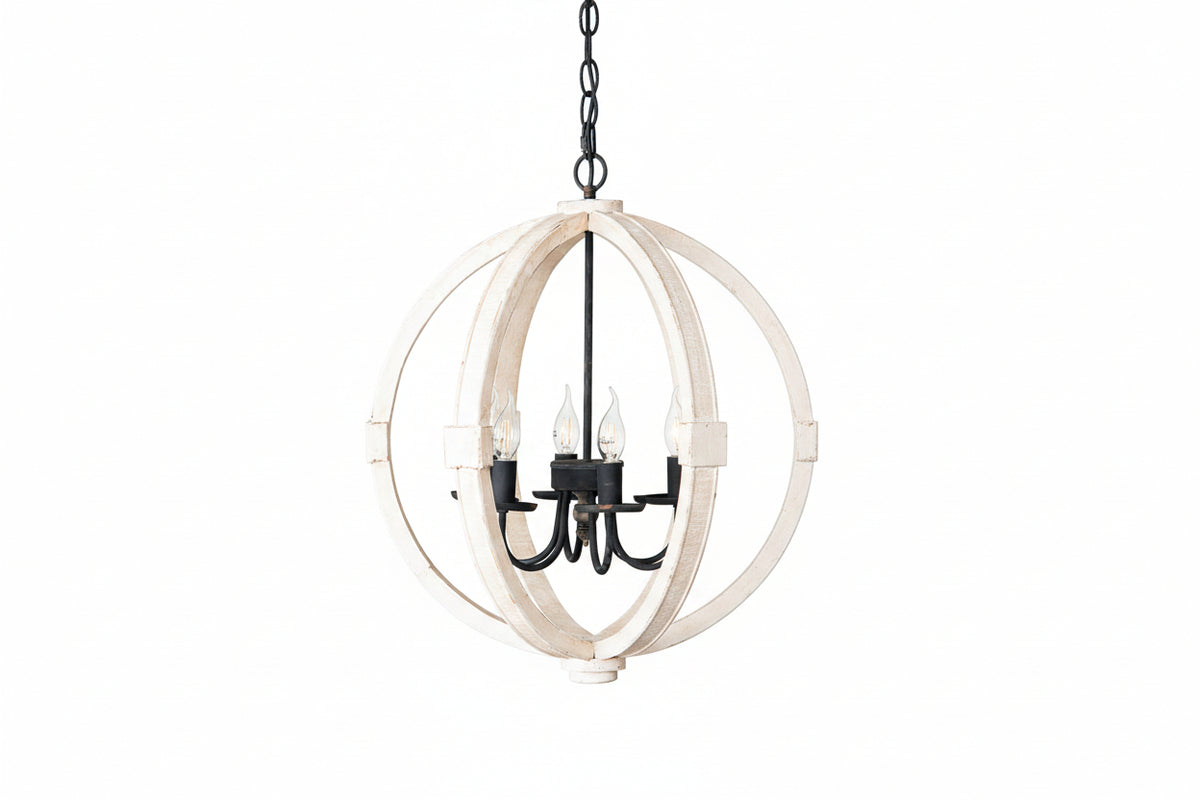 Chandelier with white circular design on a plain background