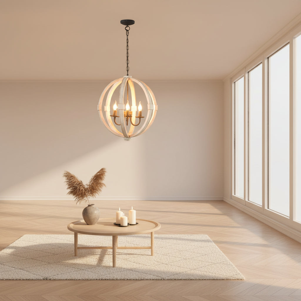 Modern pendant light fixture in a living room setting with decor elements.