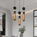 Modern pendant lights hanging in a room with a plant and window.