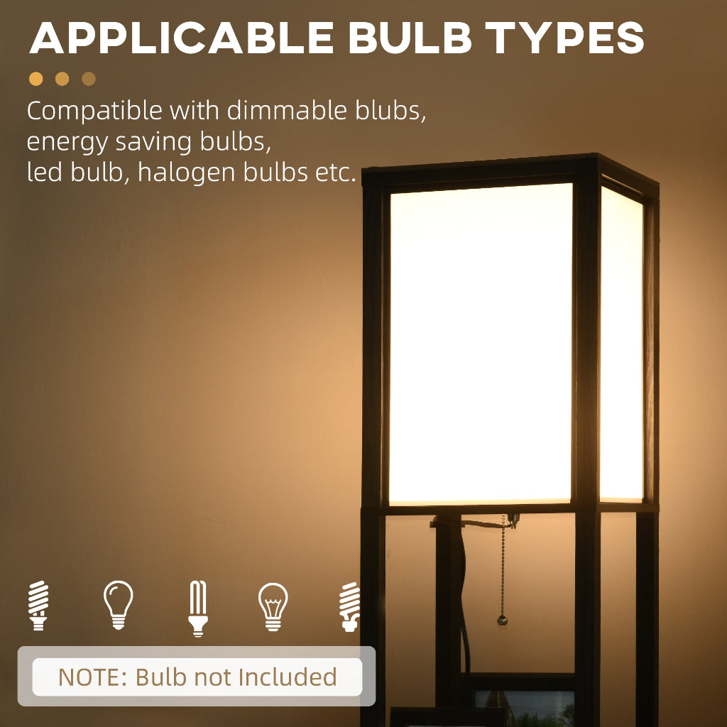 Floor lamp with text about compatible bulb types on a brown background