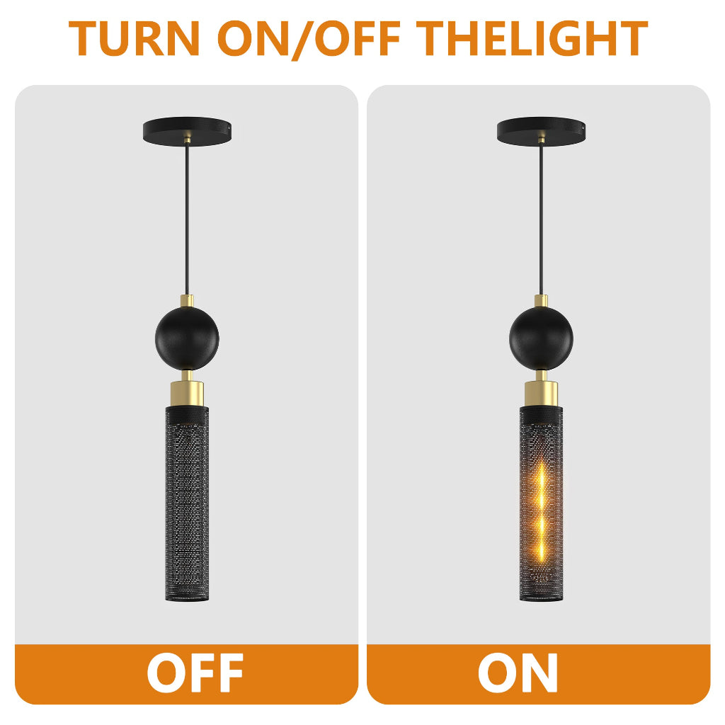Pendant light fixture shown in 'Off' and 'On' states with text indicating functionality.